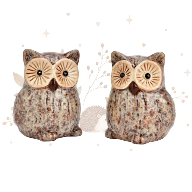 2er Set Eulen aus Keramik – Herbstdeko in Braun und Beige