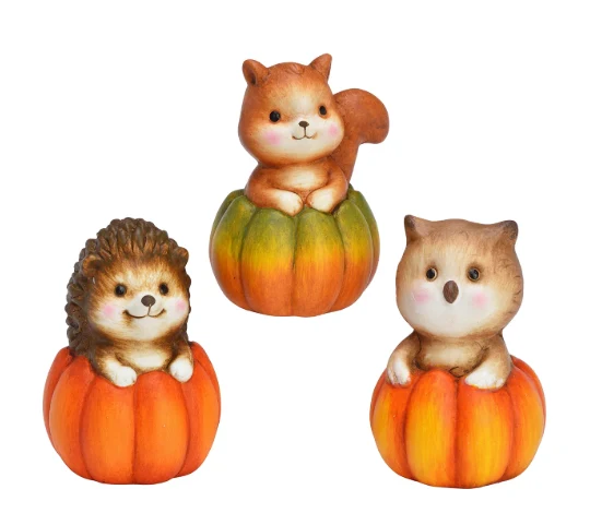 3er Set Kürbisfiguren mit Waldtieren – Igel, Eule und Eichhörnchen