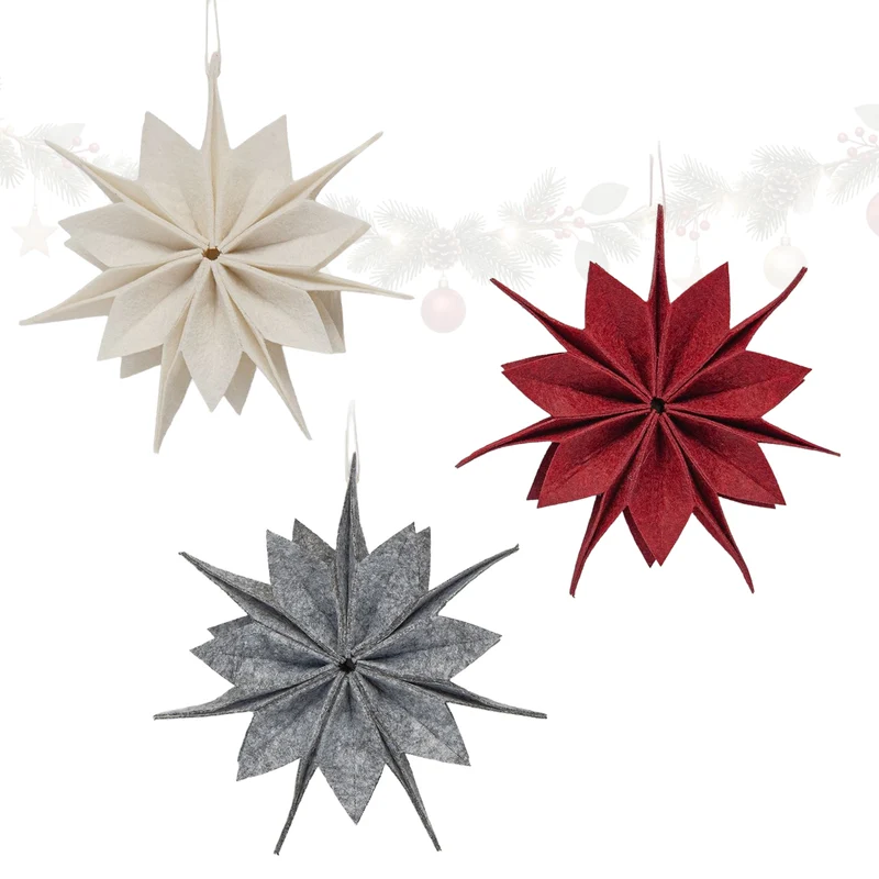 3er Set Filzsterne zum Aufhängen – Rot, Grau und Weiß, 15 cm