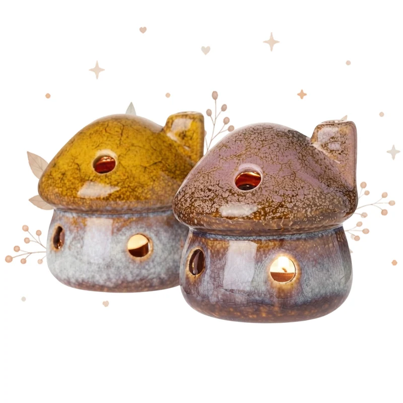 Pilz Windlichter 2er Set aus Steingut – Gelb & Braun