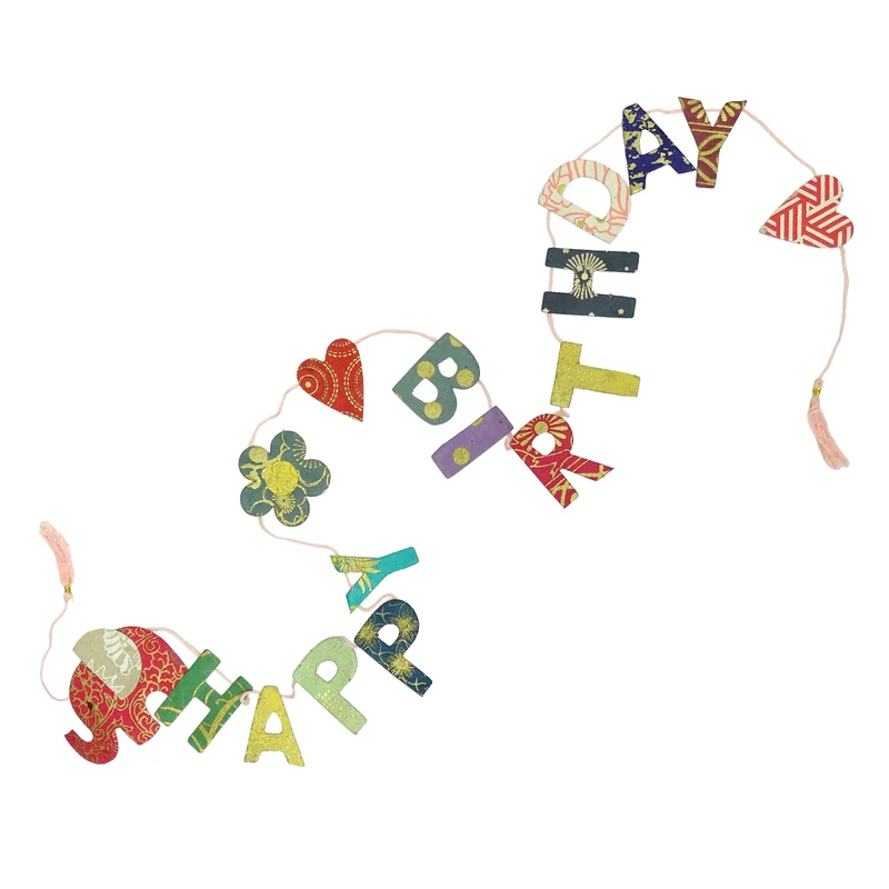 Mini Girlande Happy Birthday mit Elefant aus Naturpapier 100 cm handgefertigt in Nepal