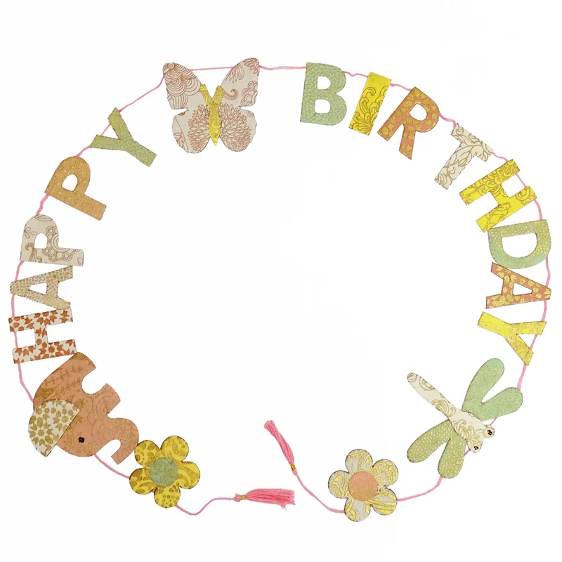 Mini Girlande Happy Birthday aus Naturpapier 100 cm handgefertigt in Nepal