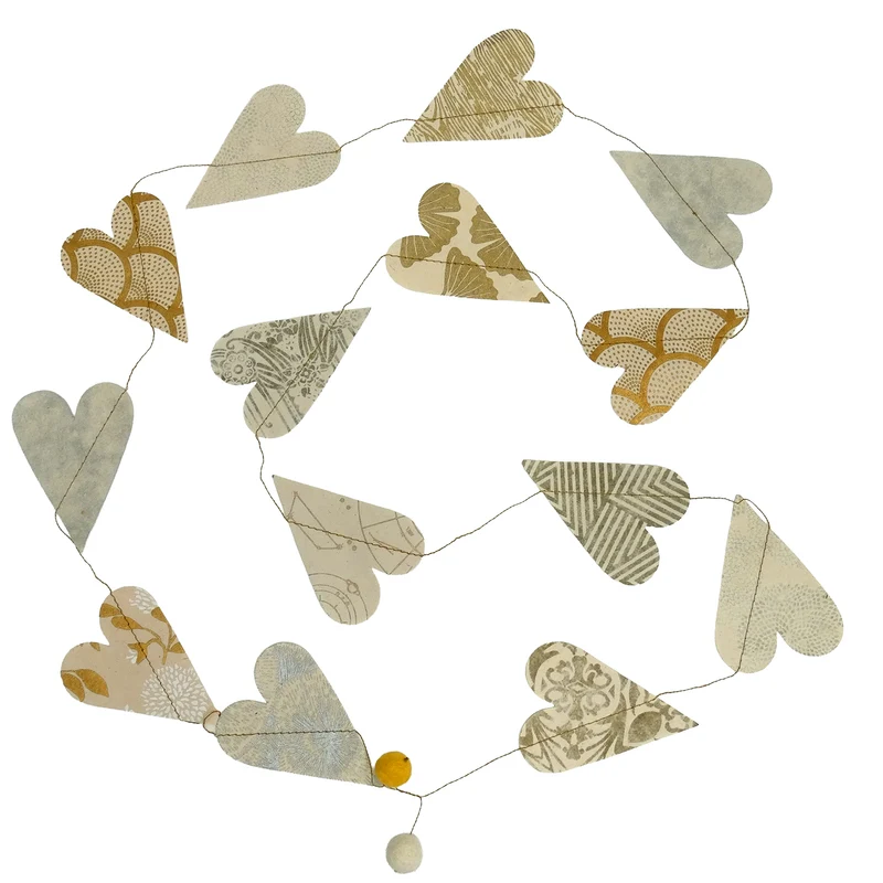 Girlande Herzen Metallic Gold und Silber aus Naturpapier und Filz 183 cm handgefertigt in Nepal