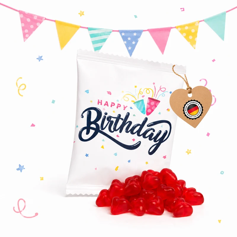 Fruchtgummi-Päckchen Happy Birthday – Mini-Herzen als Gastgeschenk