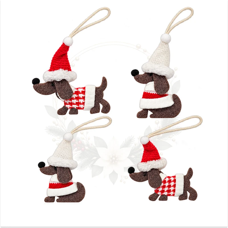 Stoff-Weihnachtshund 4er-Set H ca. 10,5-12,5 cm mit Mütze & Schal