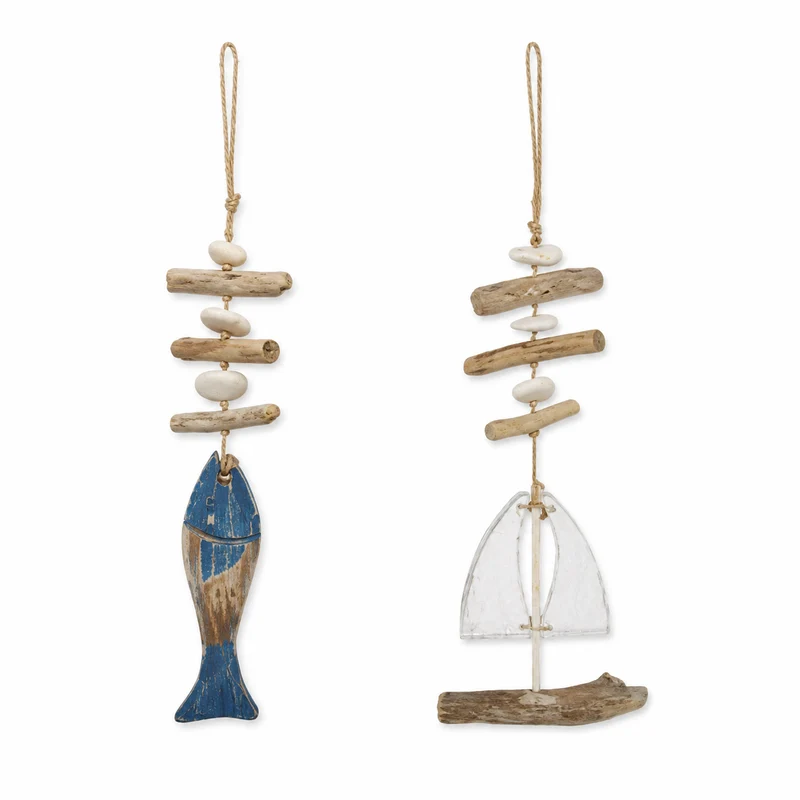 Windspiel maritim 2er-Set Treibholz ca. 35-40 cm - Fisch & Segelboot