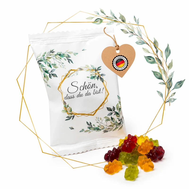 Fruchtgummi-Päckchen Schön, dass du da bist, Weiß Matt mit Eukalyptus