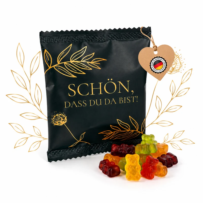 Fruchtgummi Päckchen Schön, dass du da bist dunkelgrün matt mit Gold – Gastgeschenk