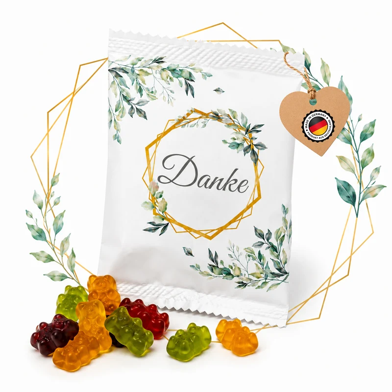 Fruchtgummi-Päckchen Danke, Weiß Matt mit Eukalyptus-Deko