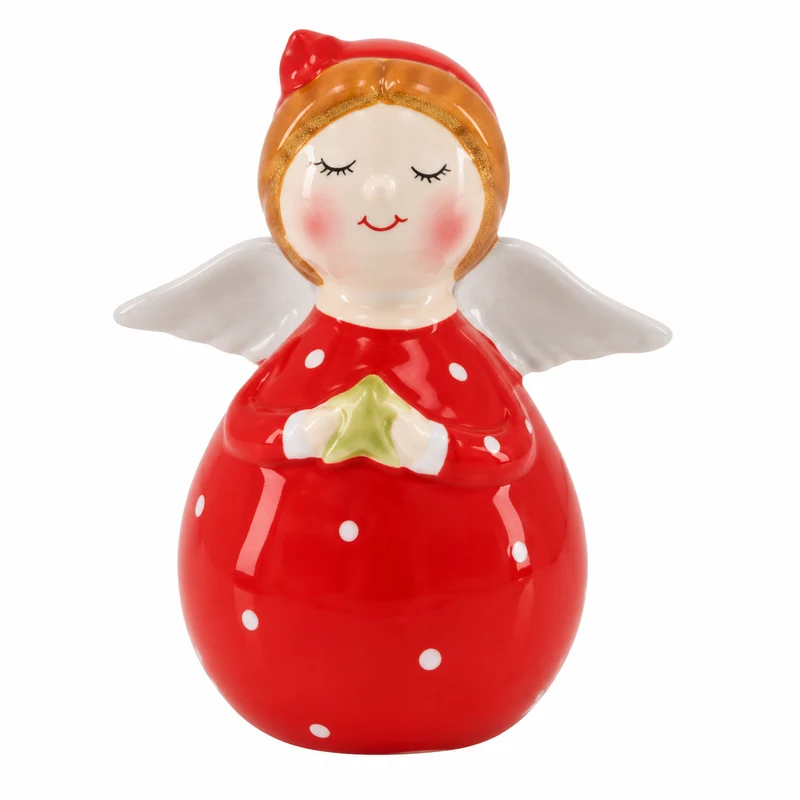 Weihnachtsengel aus Keramik 10 cm – Schutzengel mit Stern in Rot und Weiß