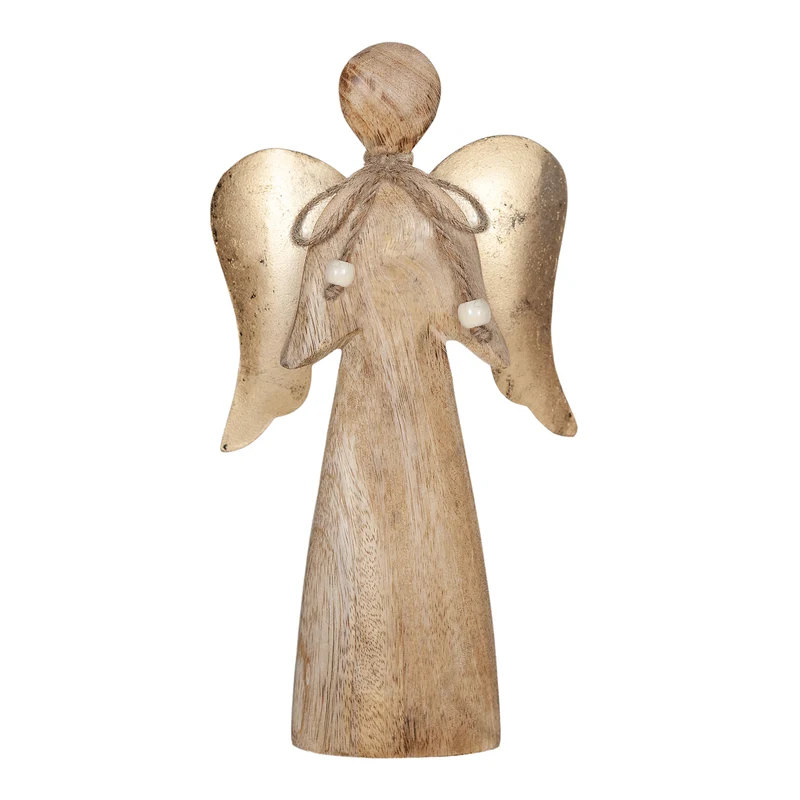 Engelfigur aus Mangoholz 30 cm – stehender Holzengel mit goldenen Flügeln