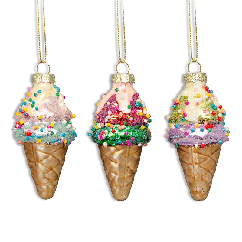 Christbaumschmuck Eistüten Glas 3er Set mit Perlenbesatz