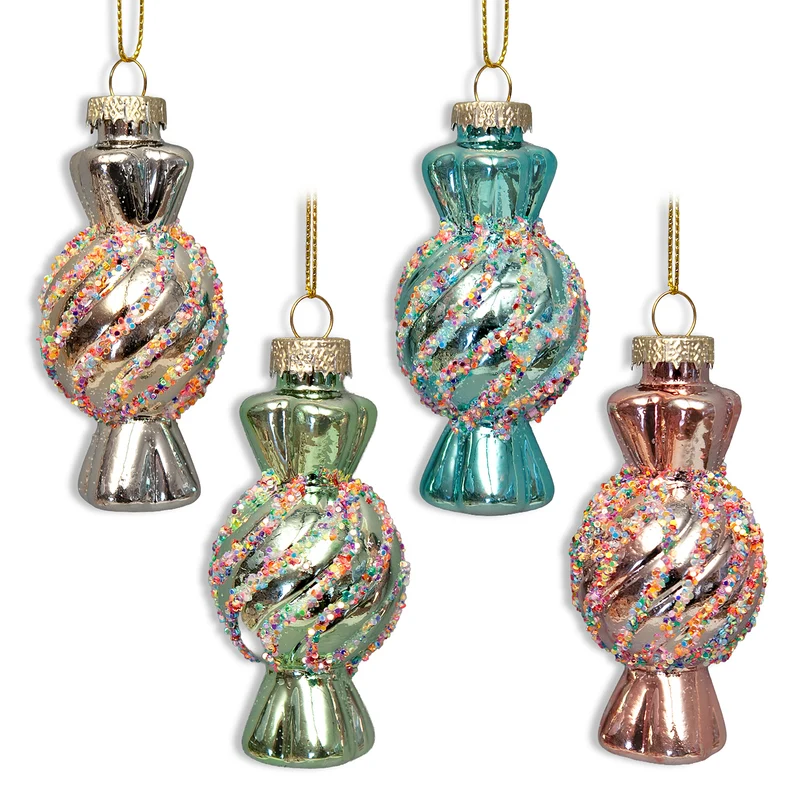 Christbaumschmuck Bonbons Glas 4er Set Pastell mit Goldkordel