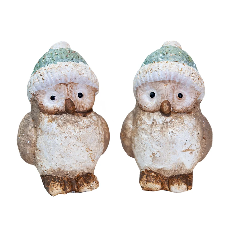 2er Set Winter Eulen mit Strickmütze aus Ton 8 cm - Dekofiguren