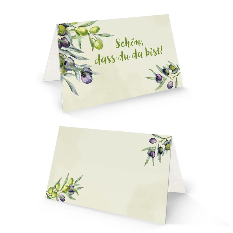 25 Tischkarten Oliven Schön dass du da bist 8,5 x 5,5 cm - Platzkarten