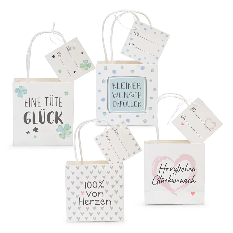 Geschenktüten 4er Set aus Papier mit Anhänger - vier Motive