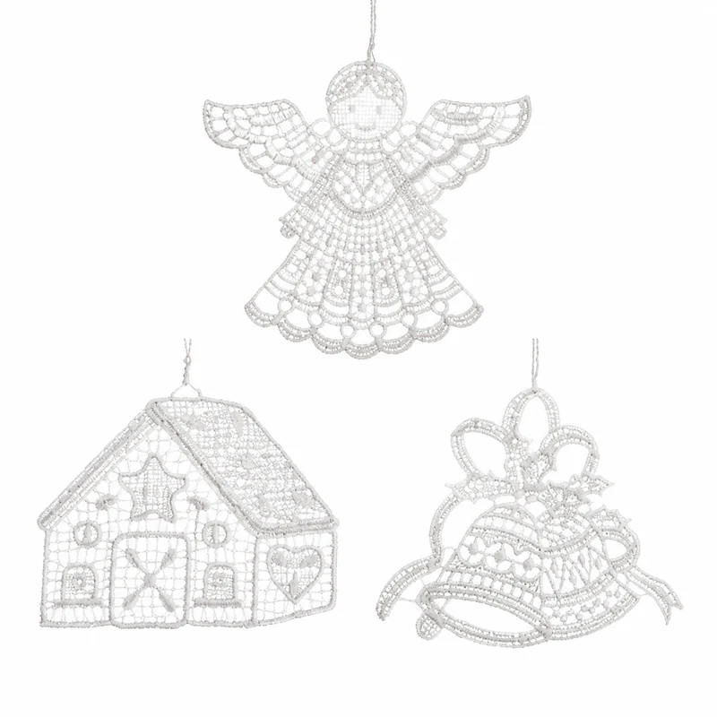 Plauener Spitze Weihnachtsanhänger Engel Haus Glocken 3er Set