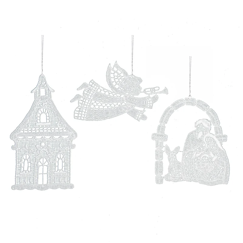 Klöppelspitze Weihnachtsanhänger Engel Kirche Krippe 9 cm 3er Set