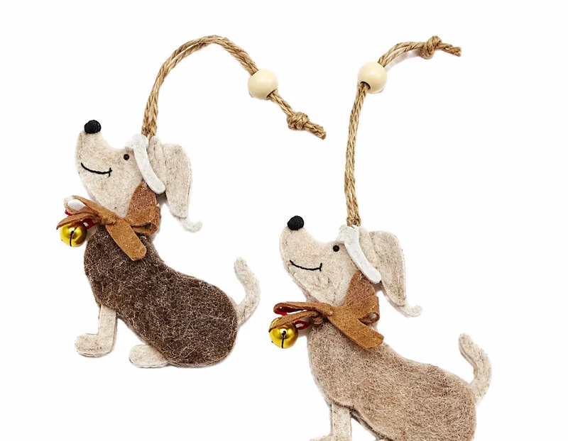Filz Hunde Anhänger 2er Set 8 cm Braun mit Glöckchen