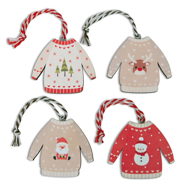 Holz Anhänger Weihnachtspullover 4er Set 6,5 cm Rot Beige