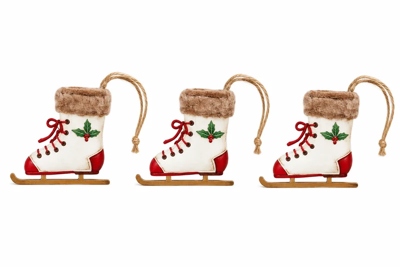 Schlittschuh Anhänger 3er Set 8 cm aus Metall mit Fellrand