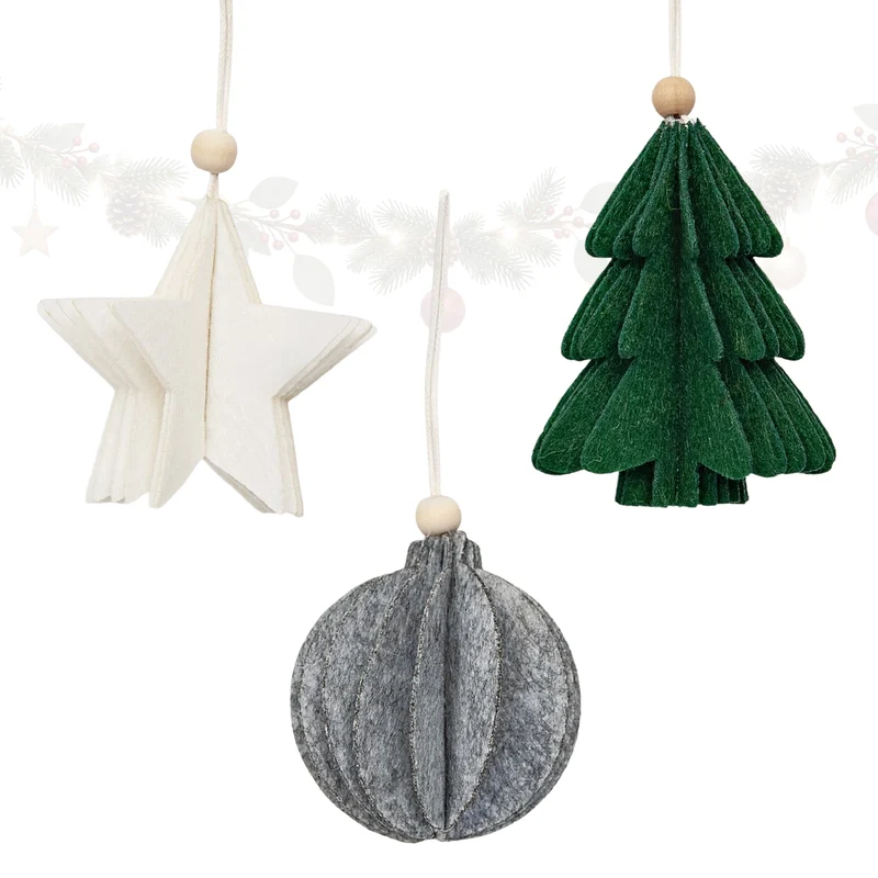 3er Set Filz Anhänger 3D Stern Baum Kugel ca. 7,5 cm grün grau