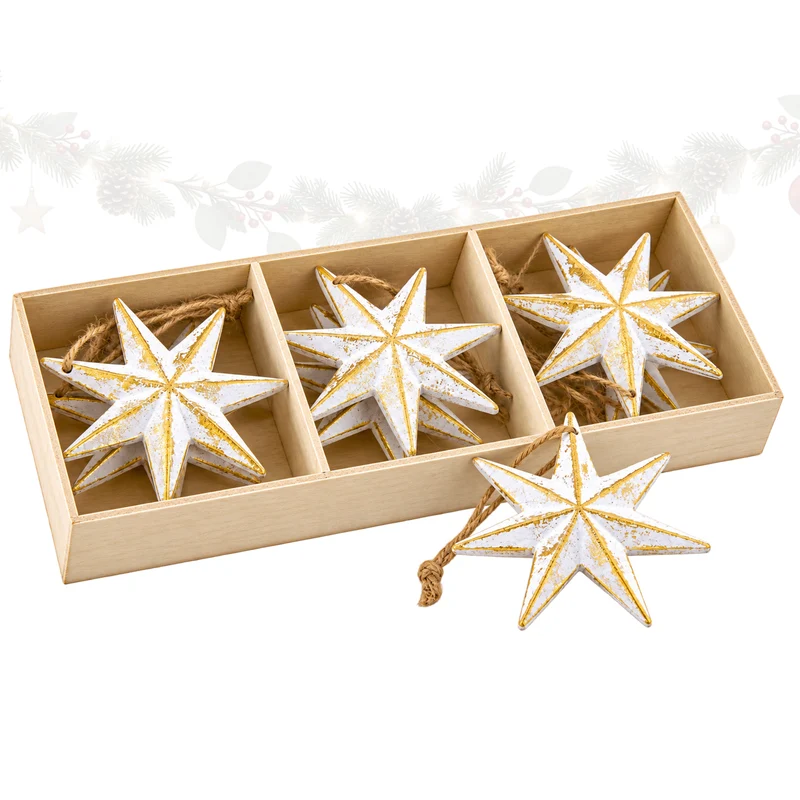 6er Set Sternanhänger Holz weiß gold 8 cm mit Holzbox
