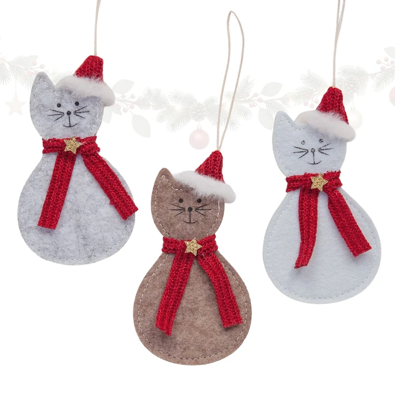 3er Set Katzen Christbaumschmuck Filz ca. 13 cm rot grau