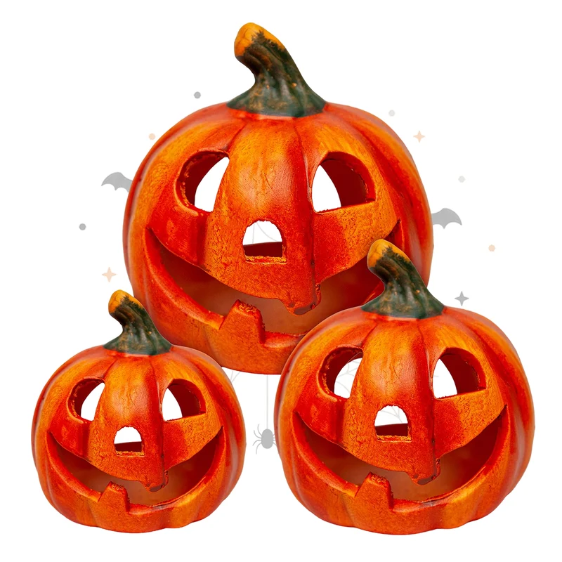 Windlicht Kürbis 3er Set Terrakotta orange ca. 10 bis 15,5 cm