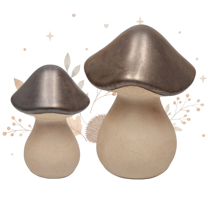 Deko-Pilze 2er Set aus Steinzeug braun beige ca. 7,5 und 10 cm