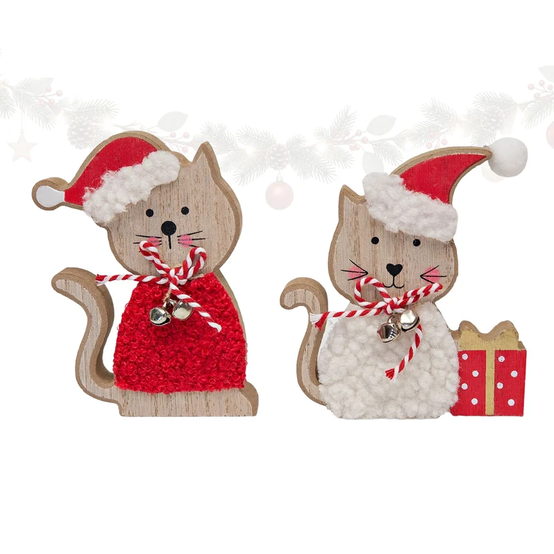 2er Set Katzen Aufsteller Holz und Stoff 12,5 cm Rot Weiß