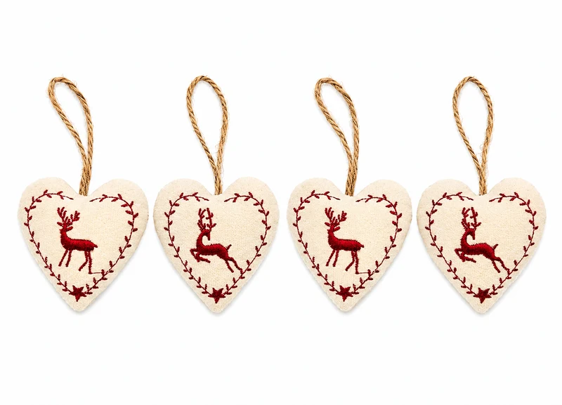 4er Set Herzanhänger Hirsch Samt 9 cm Creme Rot im Landhausstil