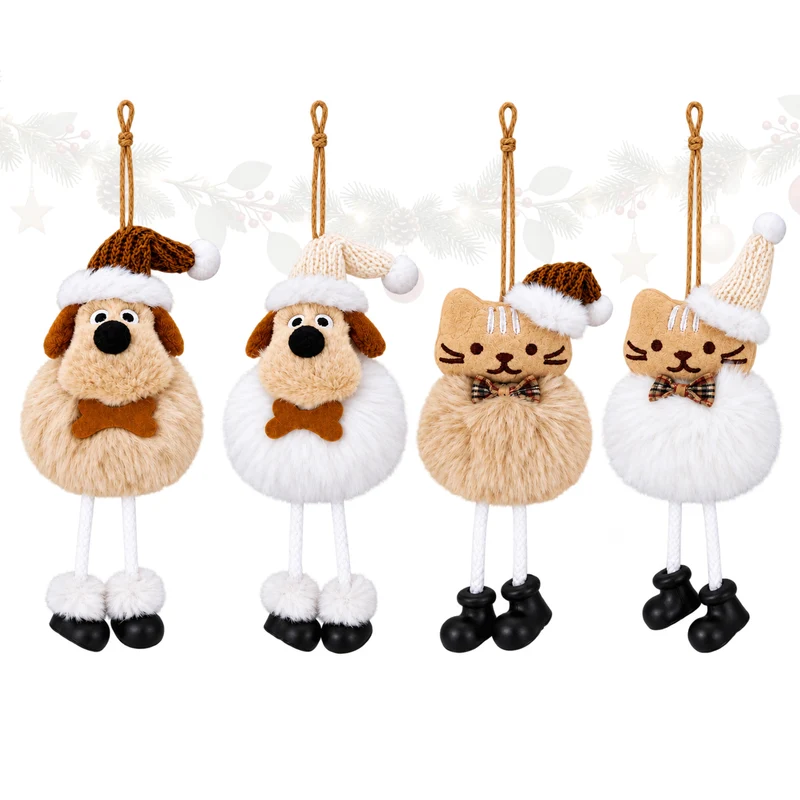 4er Set Plüsch Anhänger Hund und Katze 18-20 cm Beige Weiß