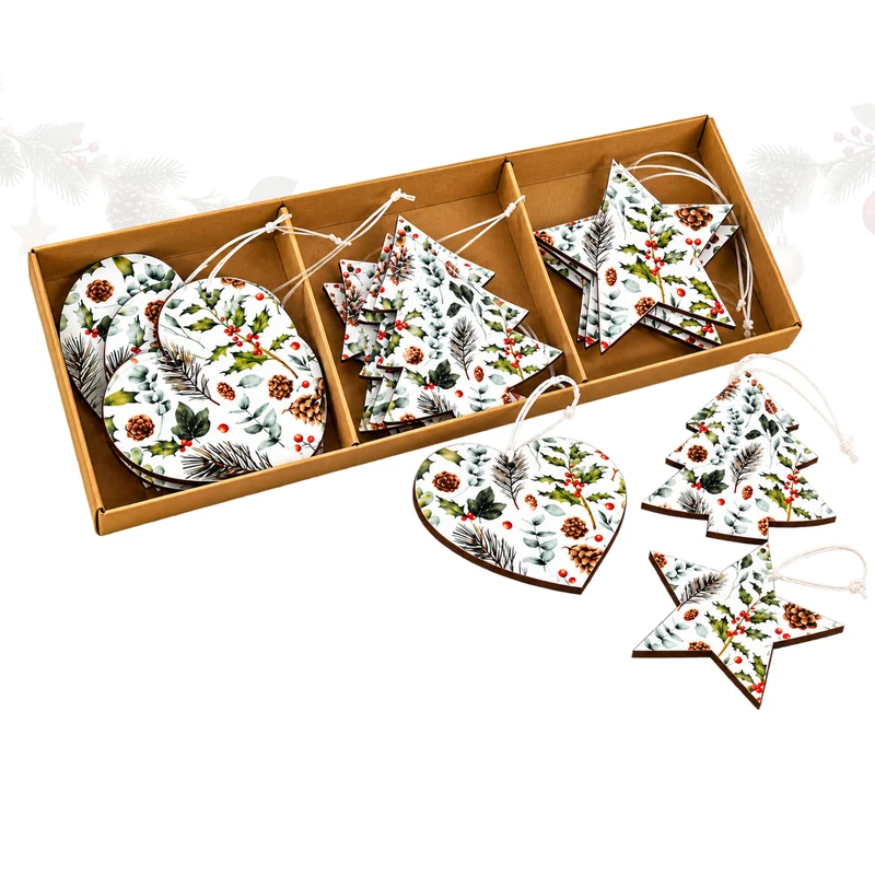 12er Set Holz Anhänger Stern Herz Baum 8 cm Weiß Grün in Geschenkbox