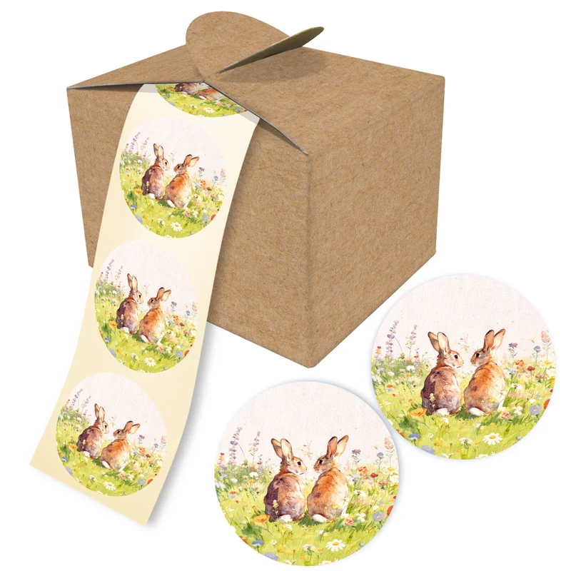 200 Rollenetiketten Ostern Hasenpaar 4 cm rund beige