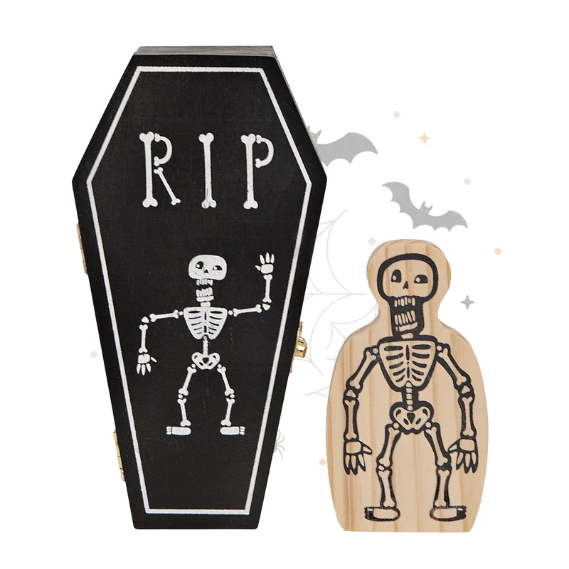 Halloween Sarg Box RIP 17 cm mit Holz-Skelett – Mini-Schatulle als Grusel-Deko