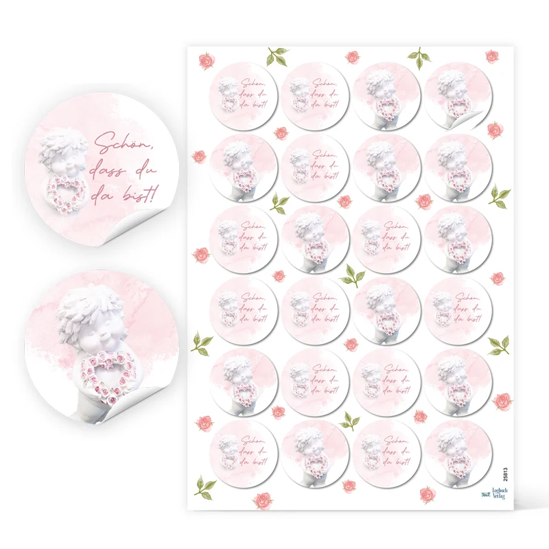 24 Aufkleber Schön dass du da bist Engel 4 cm rund rosé