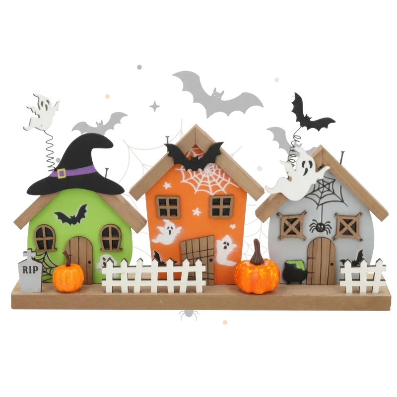 Halloween Aufsteller Holz mit drei Häusern ca. 30 x 15 cm