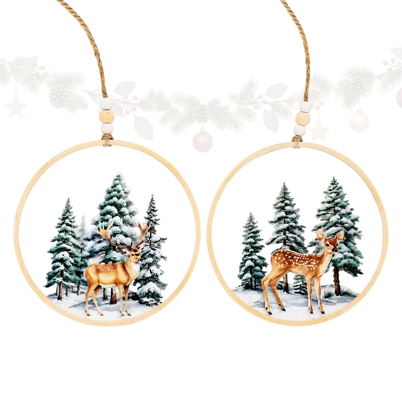 2er Set Weihnachtsanhänger Ring Hirsch und Reh Holz ca. 15 cm