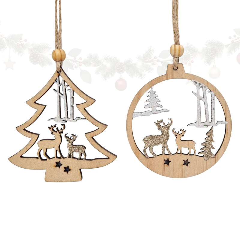 12er Set Christbaumschmuck Holz Tannenbaum und Kugel ca. 7,5 cm
