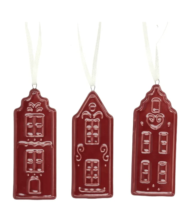 3er Set Weihnachtsanhänger Haus Porzellan rot ca. 4 x 10 cm