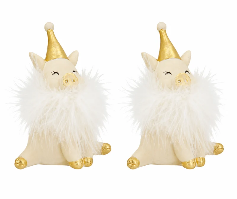 Glücksschwein Figuren 2er Set Weiß-Gold mit Federkragen, 8 cm