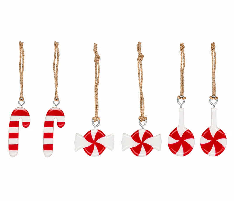 Weihnachtsanhänger Bonbons 6er Set aus Mangoholz in Rot und Weiß