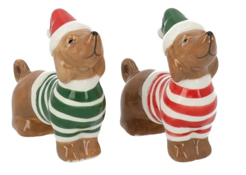 Dackelfiguren 2er Set aus Keramik mit Weihnachtspulli, 10 cm