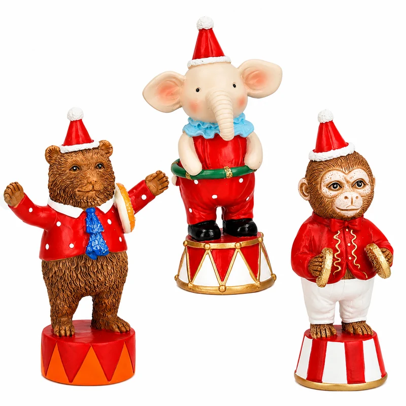 Weihnachtsfiguren Zirkustiere 3er Set – Bär, Elefant und Affe, 15 cm
