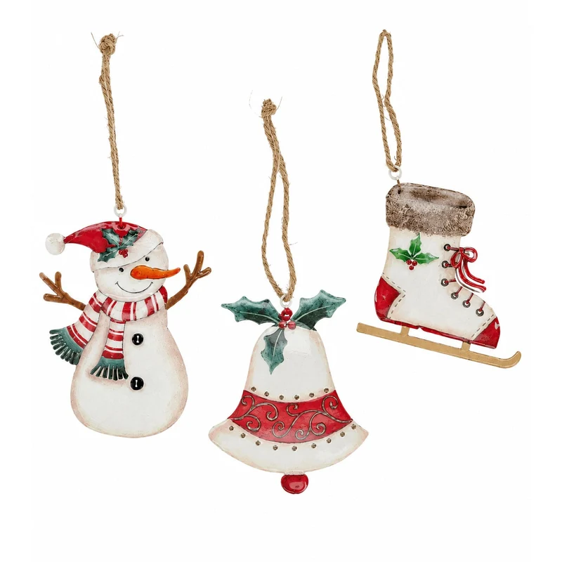 Weihnachtsanhänger 3er Set aus Metall – Schneemann, Glocke, Schlittschuh