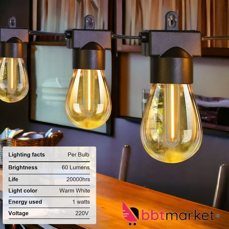 LED-Lichterkette Warmweiß 15+2 S14 Birnen Alle-Wetter Nutzbar Länge:15.3M Strom