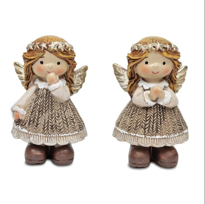 Engel Figuren 2er Set 8 cm – Beige-Gold mit Blütenkranz und Jute-Optik