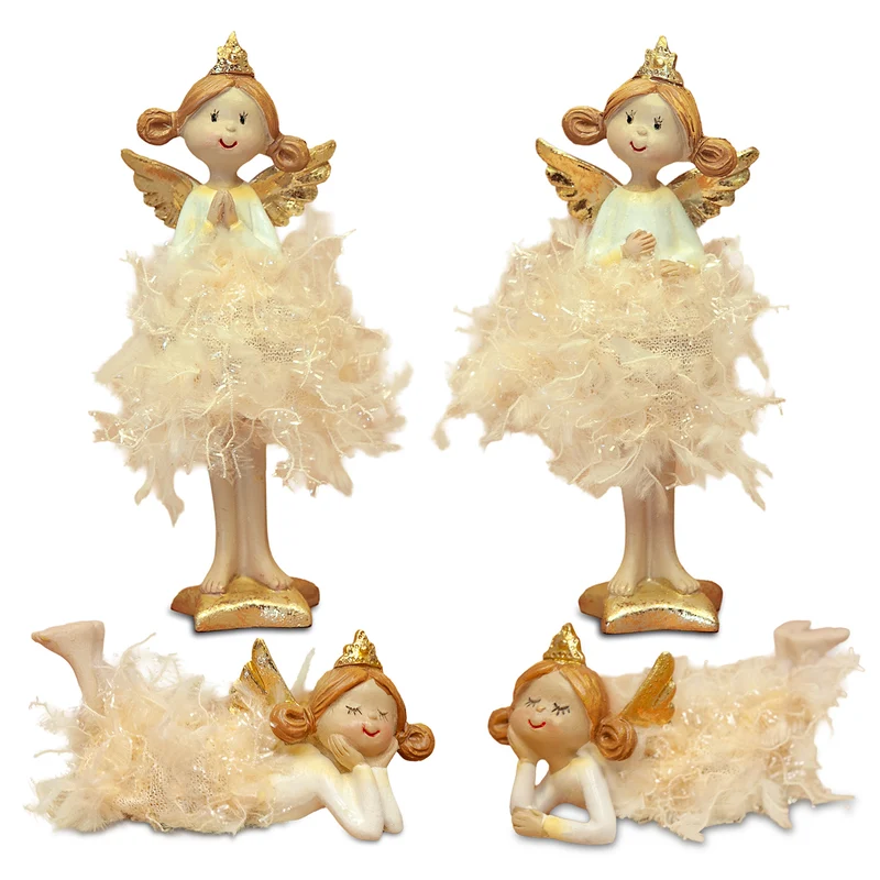 Engel Figuren 4er Set in Creme und Gold – zwei stehend, zwei liegend