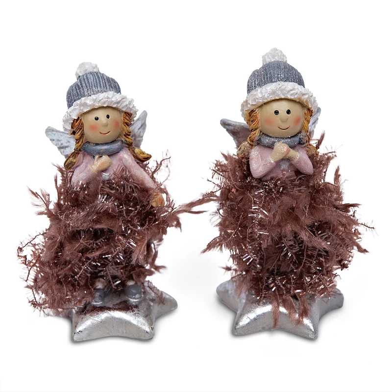 Engel Figuren 2er Set 10 cm – Rosé-Braun mit Strickmütze und Sternsockel